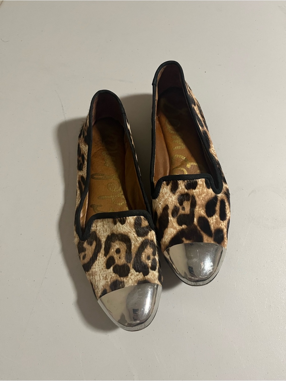 Leopard Print Metallic Cap-Toe Slip-On Flats - Women